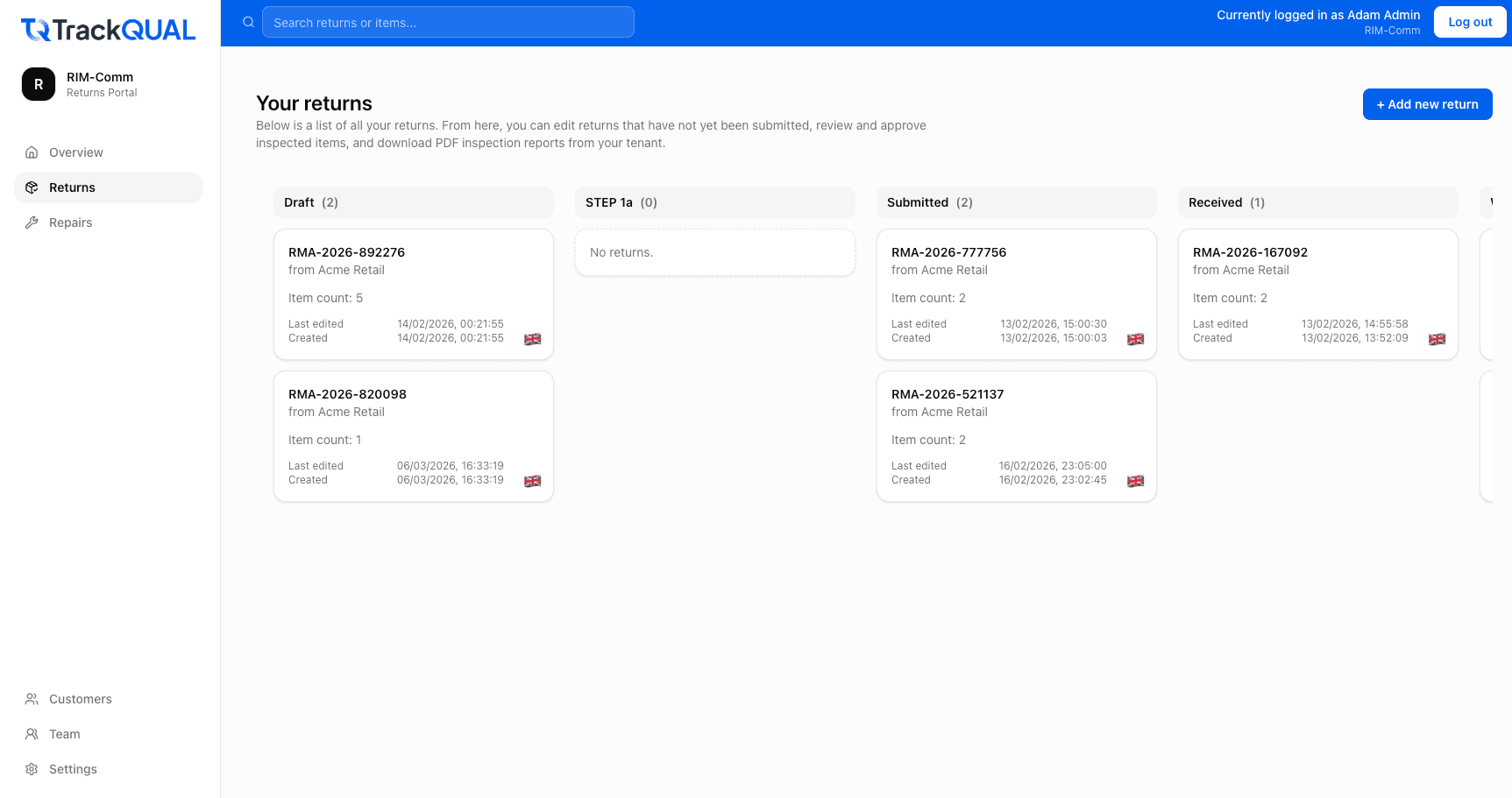 TrackQUAL dashboard